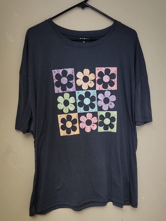 Tops - Black Tee with Pastel Flower Grid Print